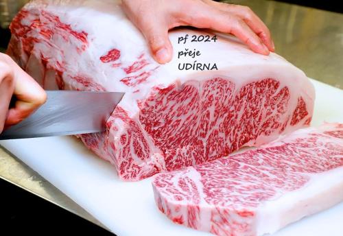 a person cutting a piece of meat with a knife at Udírna Penzion and Restaurant in Jindrichuv Hradec