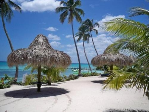a beach with two straw umbrellas and the ocean at Cadaques Caribe Pez 103 in Bayahibe