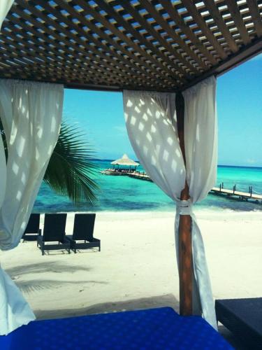 a bed on a beach with chairs and the ocean at Cadaques Caribe Pez 103 in Bayahibe