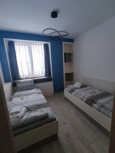 two beds in a room with a blue wall at Sapareva Apartments in Sapareva Banya