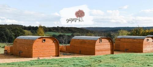 three wooden shelters in a field with a tree in the background at Crabmill Glamping with hot tub in Bewdley