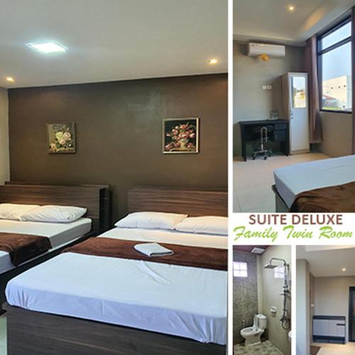 a bedroom with two beds and a living room at EDUTAMA Homestay Syariah in Kediri
