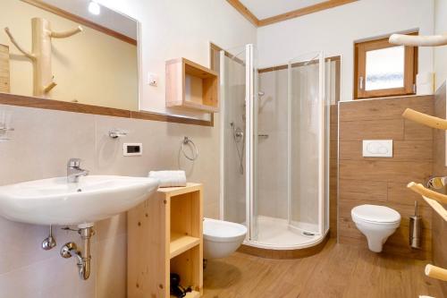 a bathroom with a sink and a shower and a toilet at Paracia App Cir in Badia