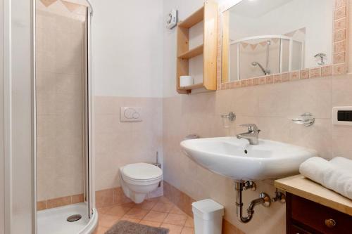 a bathroom with a sink and a toilet and a shower at Paracia App Cir in Badia