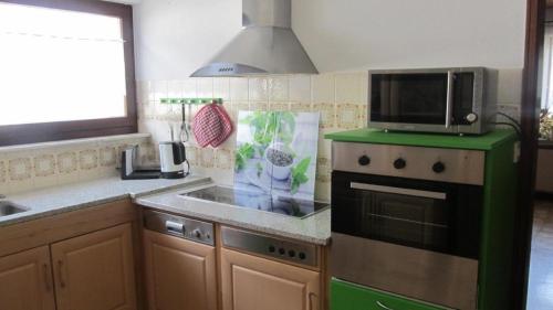 a kitchen with a green stove and a microwave at Wohnung Aal Obstbeem in Rommersheim mit Garten und Grill in Rommersheim