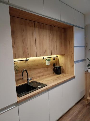 a kitchen with a sink and wooden cabinets at Apartament na Sadowej in Sanok