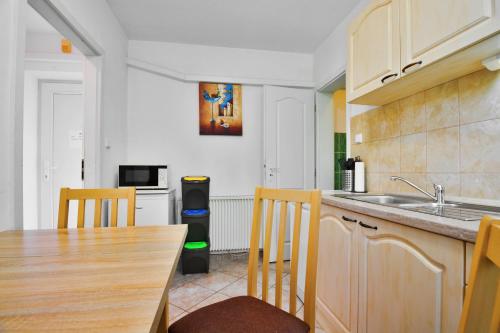 a kitchen with a sink and a table with chairs at Apartmány Děčín in Děčín