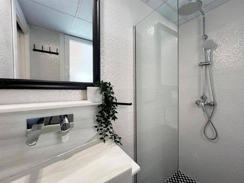 a bathroom with a shower with a mirror and a sink at Apartamentos Realejo Campo del Príncipe 3000 in Granada