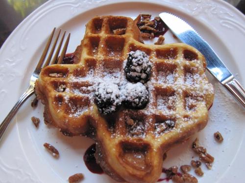 a plate with a waffle with berries and powdered sugar at Executive Inn and Suites Wichita Falls in Wichita Falls