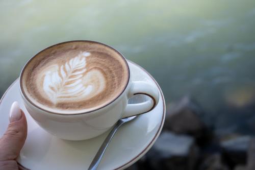 a person holding a cup of coffee on a plate at Hotel Anna Villa in Balatonföldvár