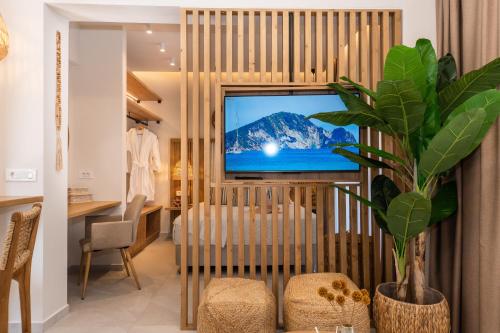 a living room with a television and a plant at Nikos Studios in Keri