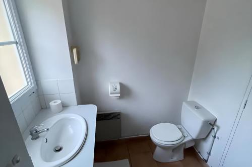 une salle de bain blanche avec des toilettes et un lavabo dans l'établissement Le Paloma - Bougeance - 7pers - Rêve Au Mans, à Saint-Pavace