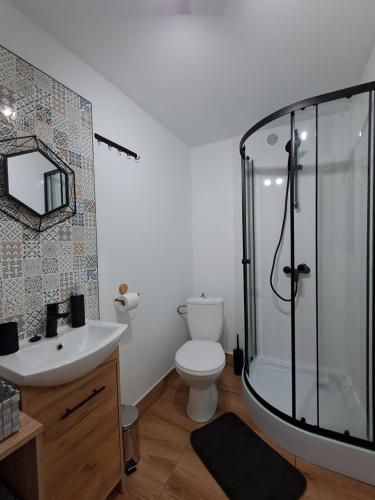 Un baño con ducha, inodoro y lavabo. en Ostoja Lipiny, en Sompolno