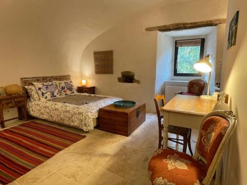 une chambre avec un lit, un bureau et une table dans l'établissement Petit havre de paix en pleine nature cévenole, à Monoblet