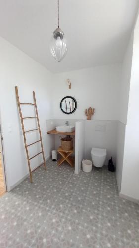 a bathroom with a sink and a ladder and a mirror at La Demoiselle in Les Ponts-de-Cé