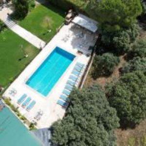an overhead view of a swimming pool with trees at yelmo LA CASA DE GALAPAGAR in Galapagar