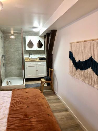 une chambre avec un lit et une salle de bain avec douche dans l'établissement Appartement cosy en amoureux, à Ménétréol-sous-Sancerre