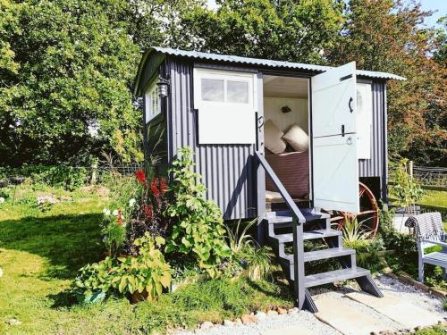 WestbourneにあるShepherds hut with Alpaca viewsの庭にある階段付きの小さな小屋