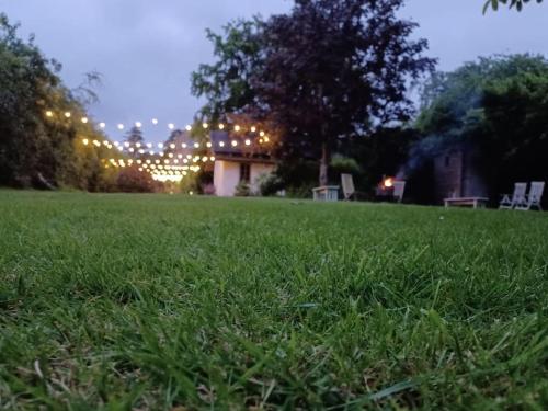 a lawn with chairs and lights in a park at night at Straw Bale Cottage in Halesworth