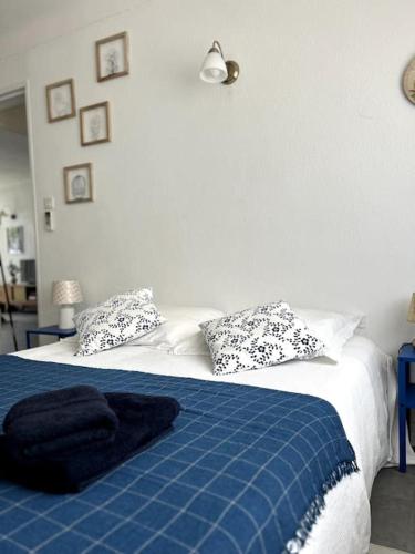 - une chambre avec un lit bleu et blanc et des oreillers dans l'établissement Appart T2 au Racou, à Le Racou
