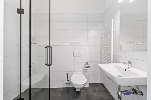 La salle de bains blanche est pourvue de toilettes et d'un lavabo. dans l'établissement BlueBell Hotel, à Bratislava