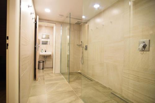 a bathroom with a shower with a glass door at Hotel Konšel in Říčky
