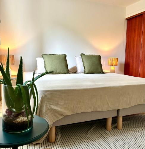 - une chambre avec un lit et une plante sur une table dans l'établissement Charmante villa rénovée avec piscine, à Montélimar