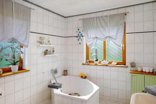a bathroom with a bath tub in a room at Entenhaus in Hilgendorf
