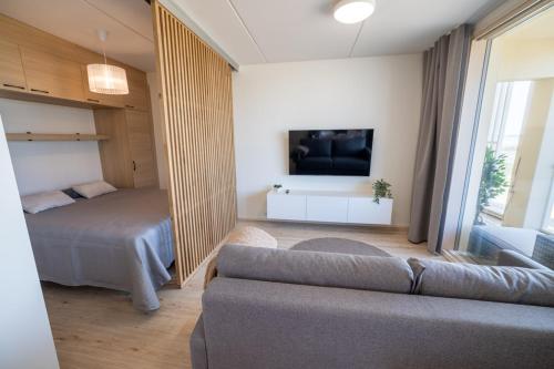 une chambre avec un lit, un canapé et une télévision dans l'établissement Marina Resort C1, à Kalajoki
