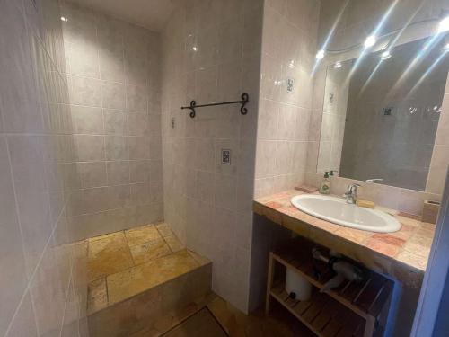 une salle de bain avec un lavabo et un miroir dans l'établissement Appartement 2 pièces cabine avec garage, à 300m de la plage, 6 personnes, La Grande Motte - FR-1-328-138, à La Grande Motte