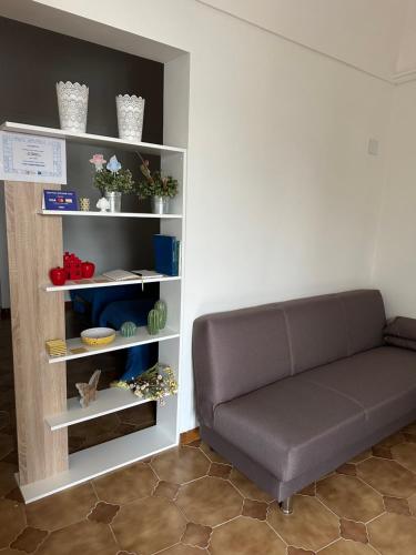a couch in a living room with a book shelf at La Casetta in Ordona