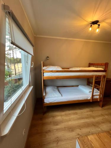 two bunk beds in a room with a window at OW LIWIA w Niechorzu in Niechorze