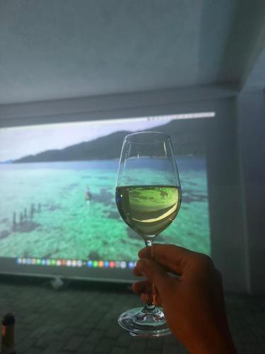 a person holding a glass of wine in front of a television at villa gardens in K'obulet'i