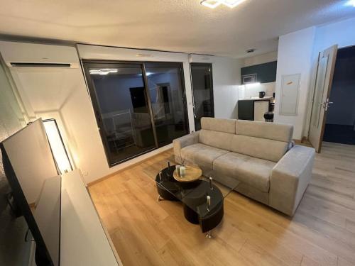 un salon avec un canapé et une table dans l'établissement Superbe studio avec Jacuzzi a Montpellier pres d arene, à Montpellier