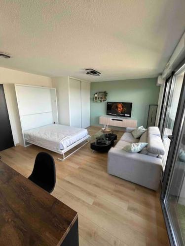 un salon avec un canapé et un lit dans l'établissement Superbe studio avec Jacuzzi a Montpellier pres d arene, à Montpellier