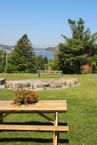 a wooden picnic table with flowers on top of a field at Auberge le Parasol in Saguenay