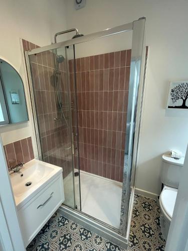 a bathroom with a shower and a sink and a toilet at Charming Kings road in Bury Saint Edmunds