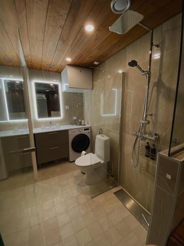 une salle de bains avec douche, toilettes et lavabo dans l'établissement Marina Resort C4, à Kalajoki