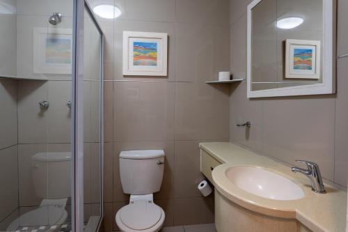a bathroom with a toilet and a sink and a shower at Beach Cabanas in Jeffreys Bay