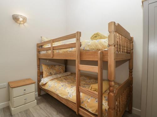 a bedroom with a bunk bed with a wooden bunk ladder at Bottom Lodge in Chepstow