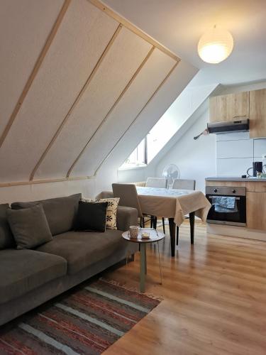 un salon avec un canapé et une table dans l'établissement Confort, idéalement situé, 2 chambres en enfilade, parking gratuit, tram-train, proche autoroute, à Mulhouse