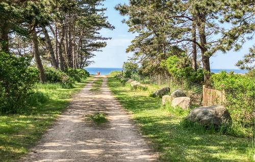 a dirt road with trees and the ocean in the background at 3 Bedroom Nice Home In Store Fuglede in Store Fuglede