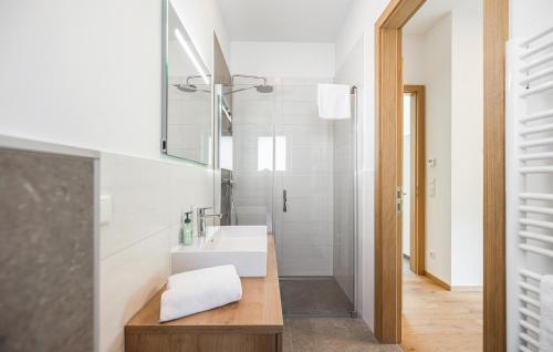 a white bathroom with a sink and a mirror at Villa Mit Pool In Stegersbach in Neudauberg