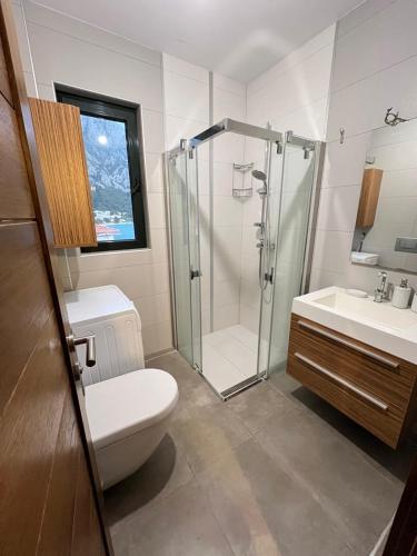 a bathroom with a shower and a toilet and a sink at Villa Eva in Gradac