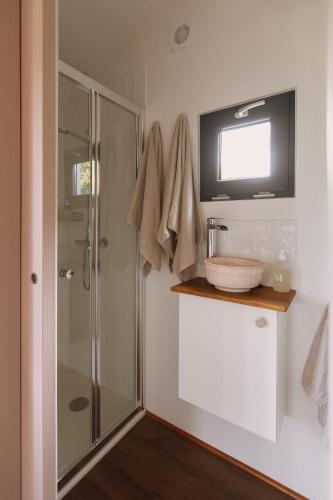 une salle de bain avec douche et lavabo dans l'établissement The Piggery - luxe hut retreat, à Levaré