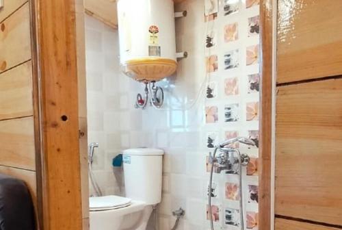 Eden Hotel and Resort في شيملا: حمام صغير مع مرحاض ومصباح