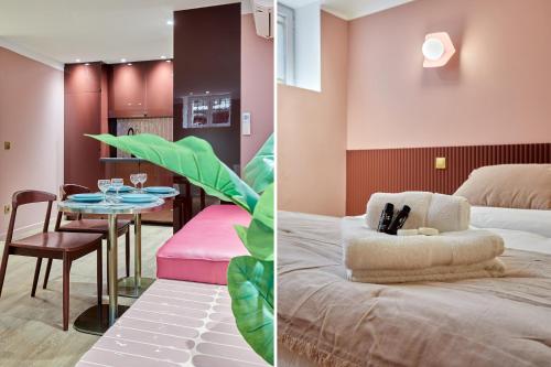 Cette chambre comprend un lit et une table avec une chaise. dans l'établissement Apartment Center of Paris Bastille by Studio prestige, à Paris