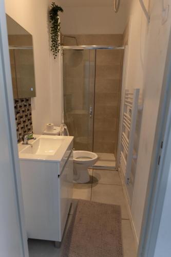 une salle de bain avec toilettes, lavabo et douche dans l'établissement Le Grand Bleu, à Marseille