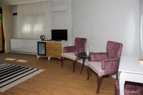 a living room with chairs and a table and a tv at Dusler Vadisi Kazdaglari in Edremit