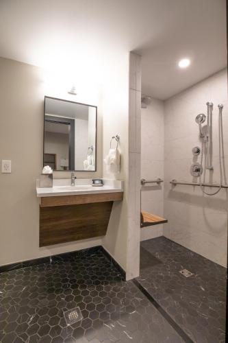 a bathroom with a sink and a shower at The Bee Hotel, Danville in Danville
